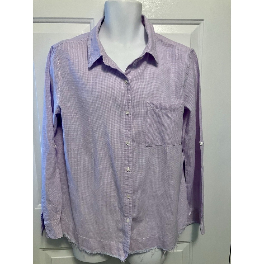 Dylan Women's Collared Purple‎ White Button-Up Shirt Linen Blend L Large Raw Hem